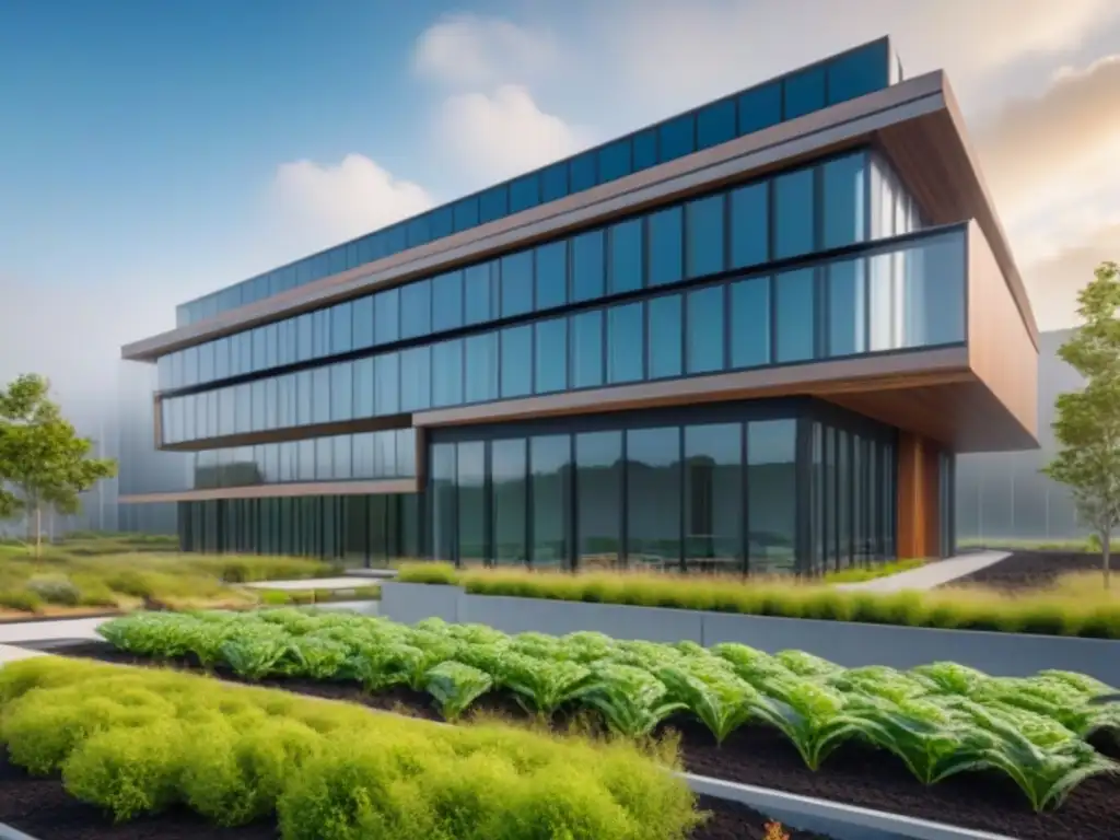 Edificio sostenible con certificación LEED: arquitectura ecoamigable Edificio moderno y sostenible con paneles solares, techos verdes y certificación LEED