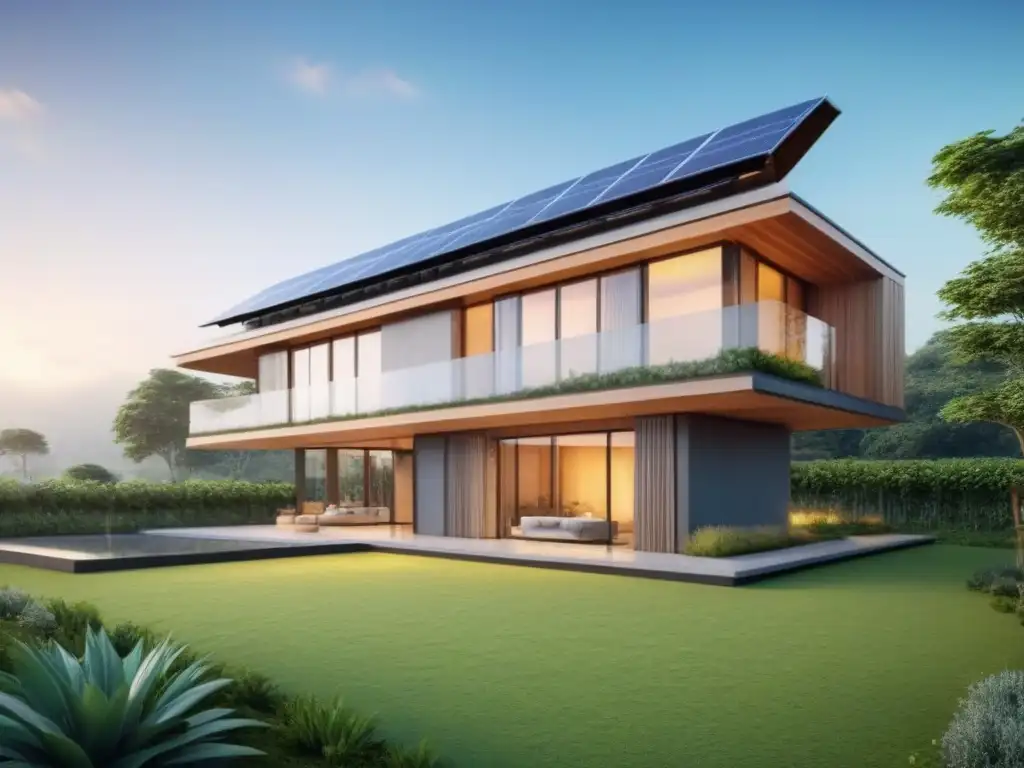 Edificio eco sostenible: diseño innovador en armonía con la naturaleza Edificio moderno sostenible rodeado de vegetación, paneles solares y sistema de recolección de agua de lluvia