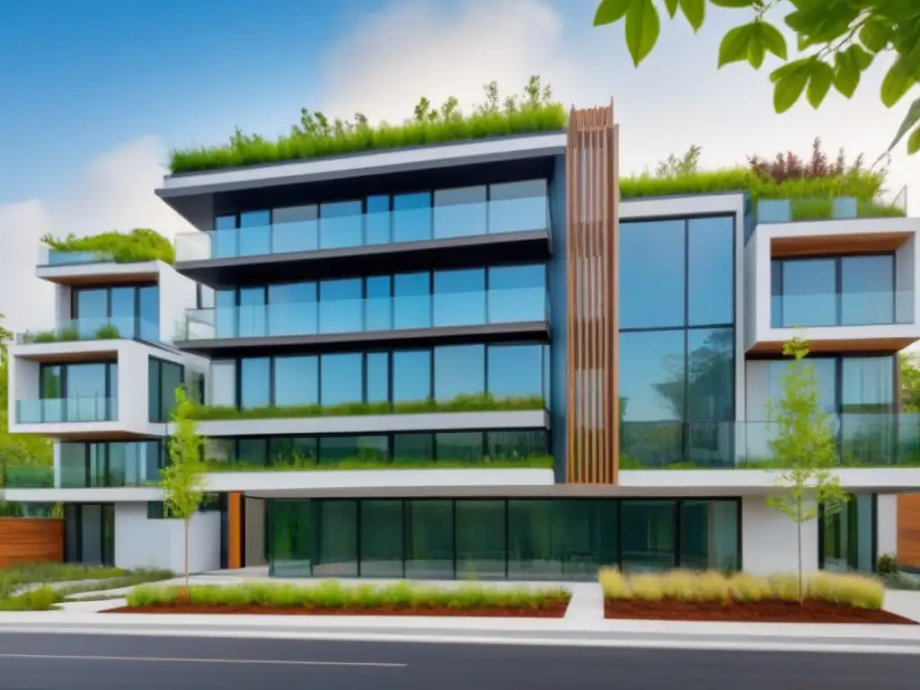 Edificio sostenible con certificación LEED: diseño moderno y ecoamigable Un edificio moderno y sostenible con la Certificación LEED valor proyectos inmobiliarios, rodeado de naturaleza y elementos ecoamigables