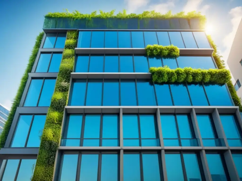 Edificio ecoamigable con jardín en la azotea: inversión sostenible Un edificio moderno con jardín en el techo, paneles solares y jardines verticales, simbolizando Financiamiento Verde Estrategia Inversión Inmobiliaria