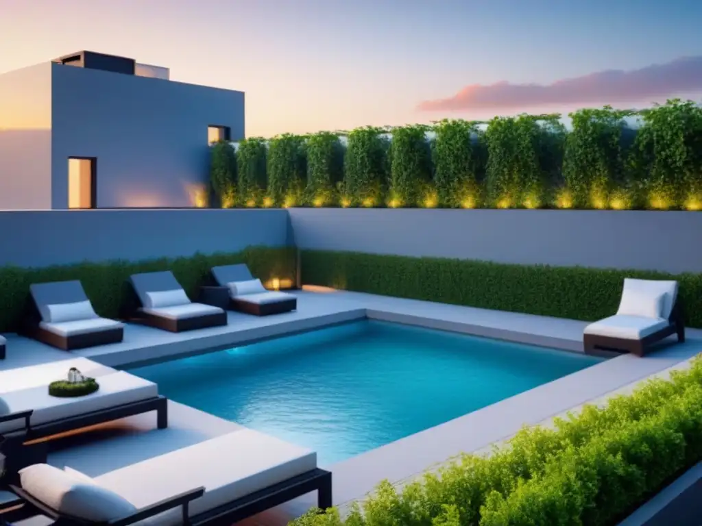 Edificio de lujo con piscina en la azotea al atardecer Un edificio moderno con terraza vibrante y piscina, ideal para inversores en Seguros de alquiler garantizado inversionistas