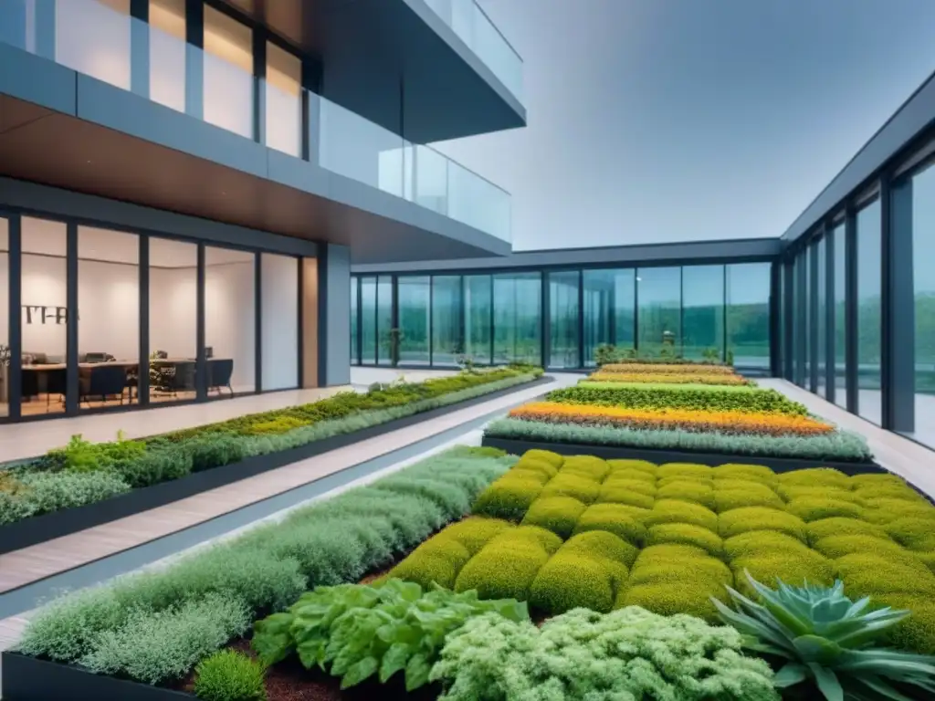 Edificio moderno ecoamigable con diseño sostenible y jardines exuberantes Edificio moderno certificación LEED valor proyectos inmobiliarios, ecoamigable y vanguardista