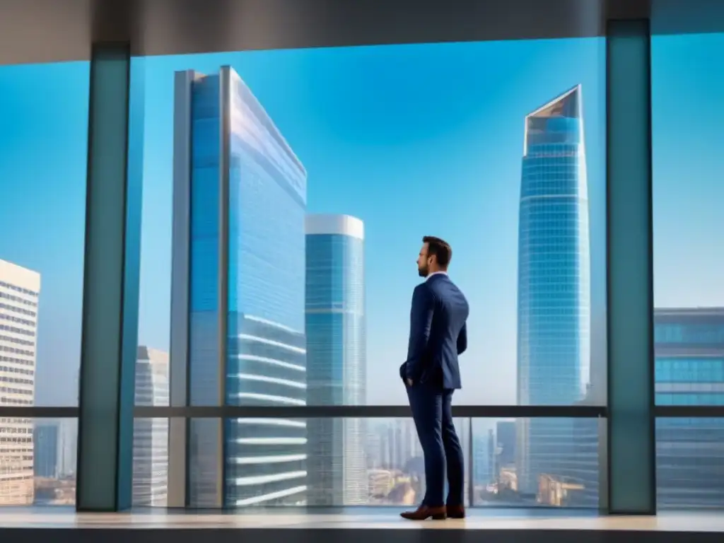 Edificio moderno en ciudad vibrante Edificio moderno con ventanales reflejando la ciudad, bajo cielo azul
