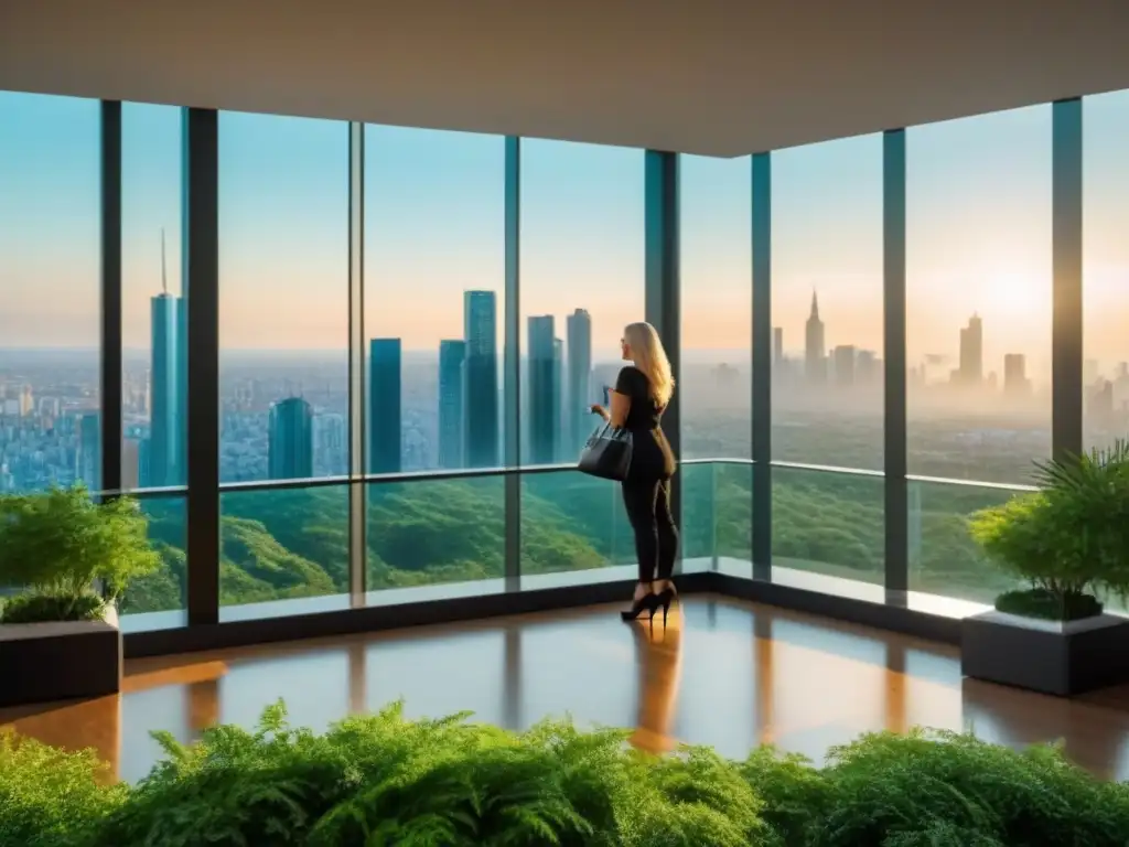 Edificio de lujo con vista a la ciudad y vegetación Edificio moderno con ventanales de cristal, rodeado de vegetación y skyline urbano, reflejando sofisticación y elegancia