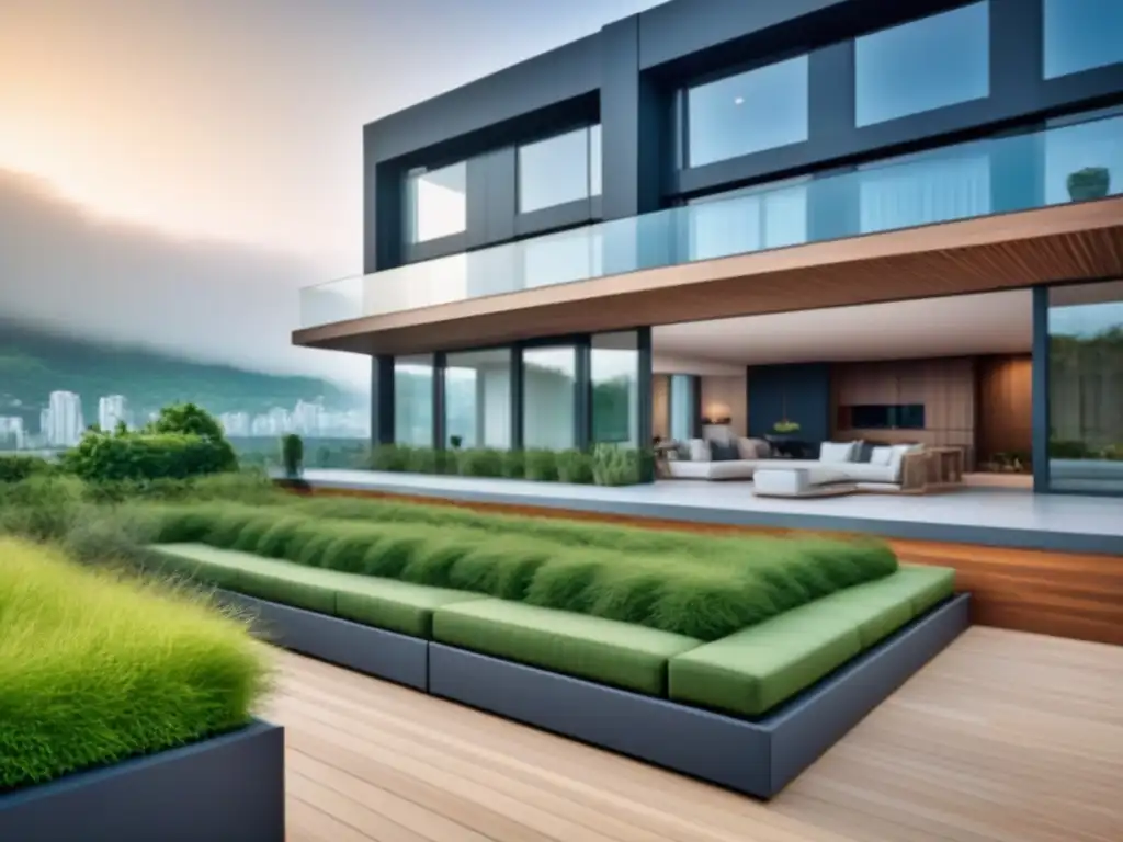Edificio de apartamentos de lujo con diseño minimalista y vistas urbanas Edificio moderno con ventanales y diseño minimalista rodeado de vegetación, con terraza panorámica y vista a la ciudad