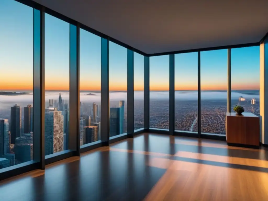 Oficina de lujo: arquitectura vibrante en el corazón urbano Un edificio moderno con ventanales de piso a techo reflejando la ciudad, destacando su diseño contemporáneo