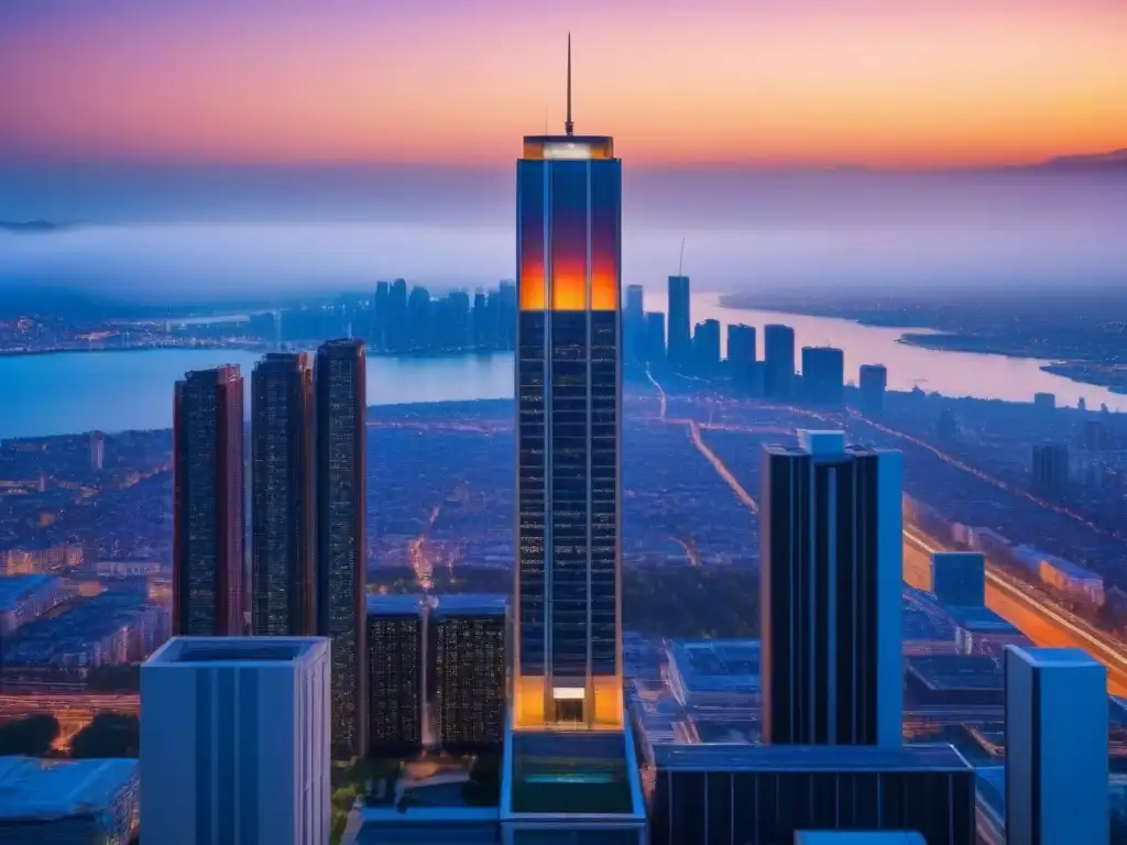 Edificio moderno en atardecer urbano vibrante Edificio moderno con ventanales de piso a techo reflejando la ciudad al atardecer