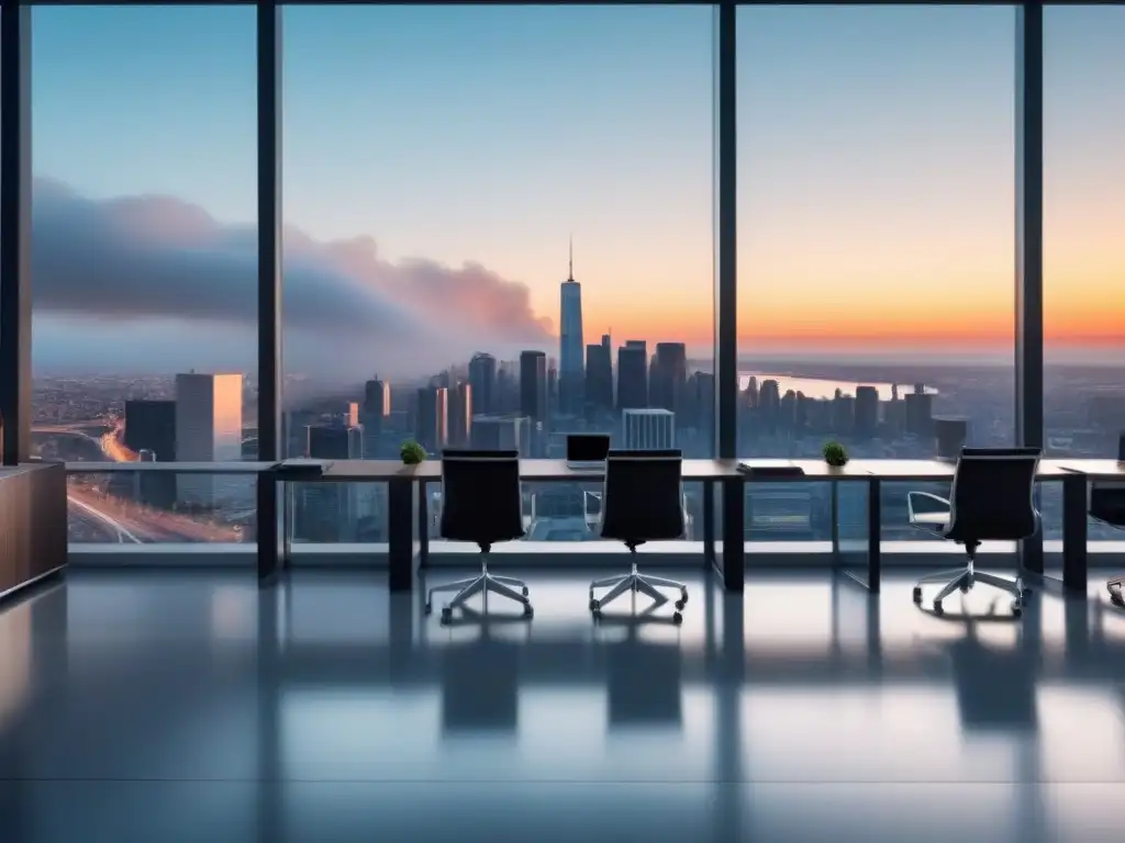 Edificio de oficinas moderno y sofisticado en la ciudad Un edificio moderno con ventanales y reflejos urbanos, ideal para avalúos en financiamiento inmobiliario