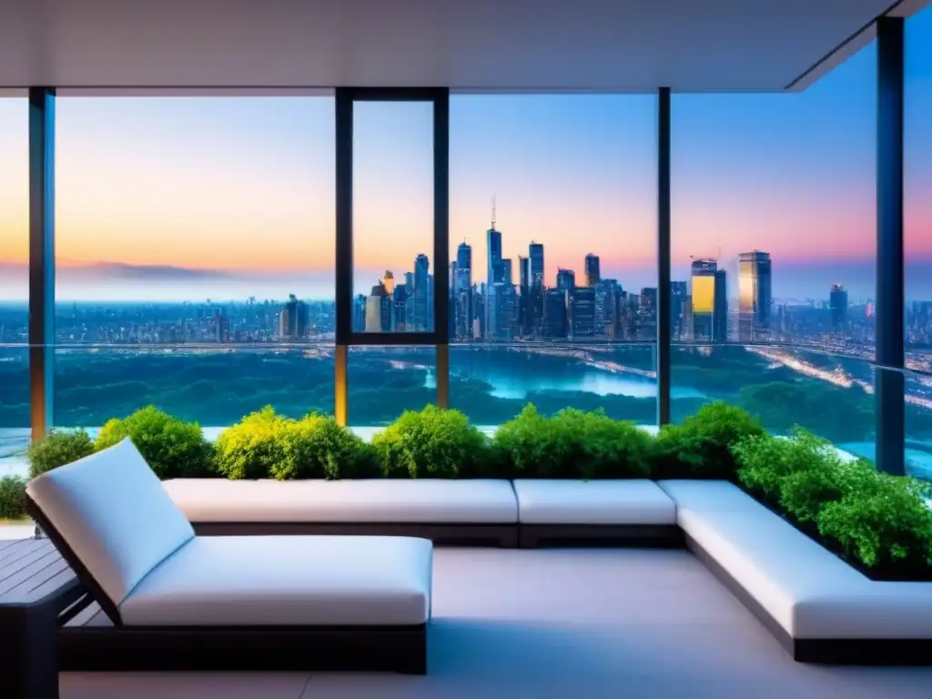 Edificio de apartamentos moderno con vistas a la ciudad al atardecer Edificio moderno con ventanales y terraza panorámica, reflejando la ciudad al atardecer, ideal para normativas inversión inmobiliaria 2021