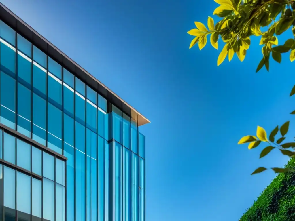 Edificio moderno con diseño vanguardista en entorno natural Un edificio moderno con ventanas de cristal de piso a techo reflejando el cielo azul