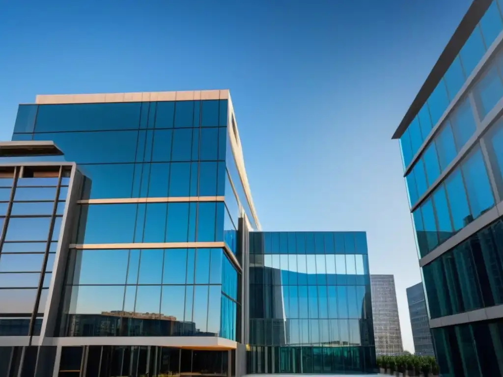 Un edificio moderno con ventanas reflectantes de piso a techo, sugiere protección legal en propiedades demandas inmobiliarias