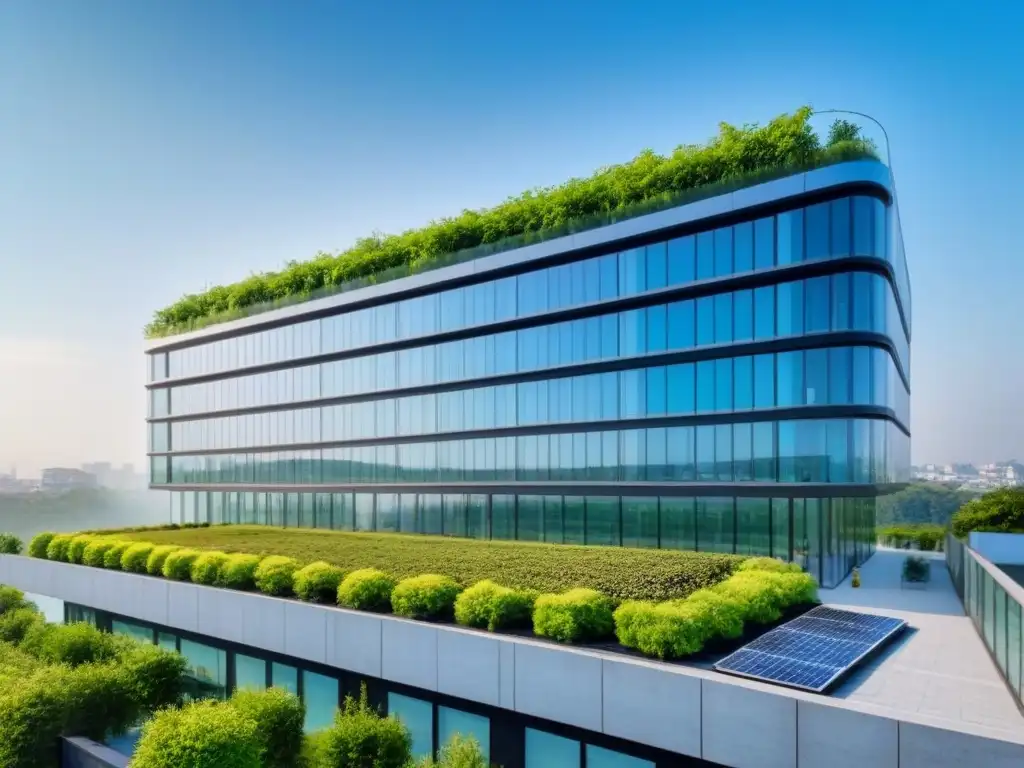 Edificio sostenible y moderno con jardín en azotea verde Edificio moderno con jardín verde en el techo y paneles solares, símbolo de Financiamiento verde para inversores