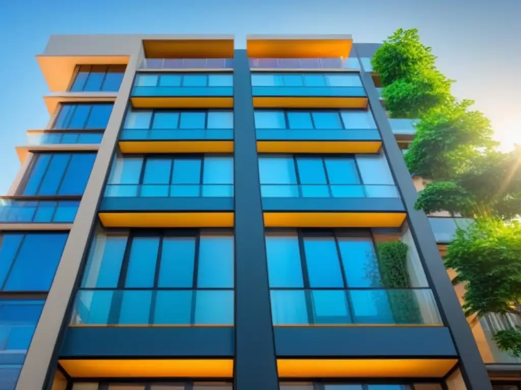 Edificio moderno con exteriores de vidrio, rodeado de vegetación, en una ciudad vibrante