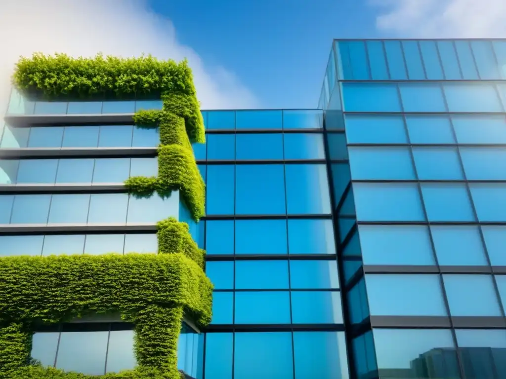 Edificio de oficinas moderno: diseño y naturaleza en armonía Edificio moderno con vidrios panorámicos, reflejando cielo azul y naturaleza, cumpliendo normativas inmobiliarias