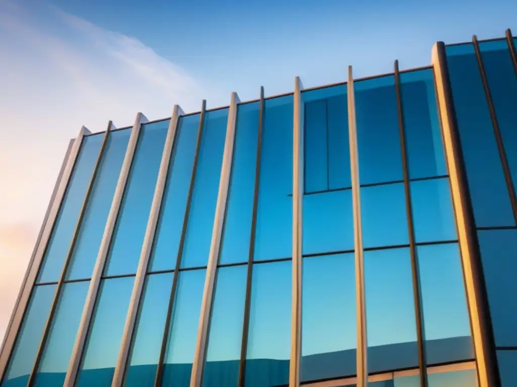 Edificio moderno de oficinas con cristales reflectantes en 8k Edificio moderno con vidrios reflectantes bajo el cielo azul de la ciudad