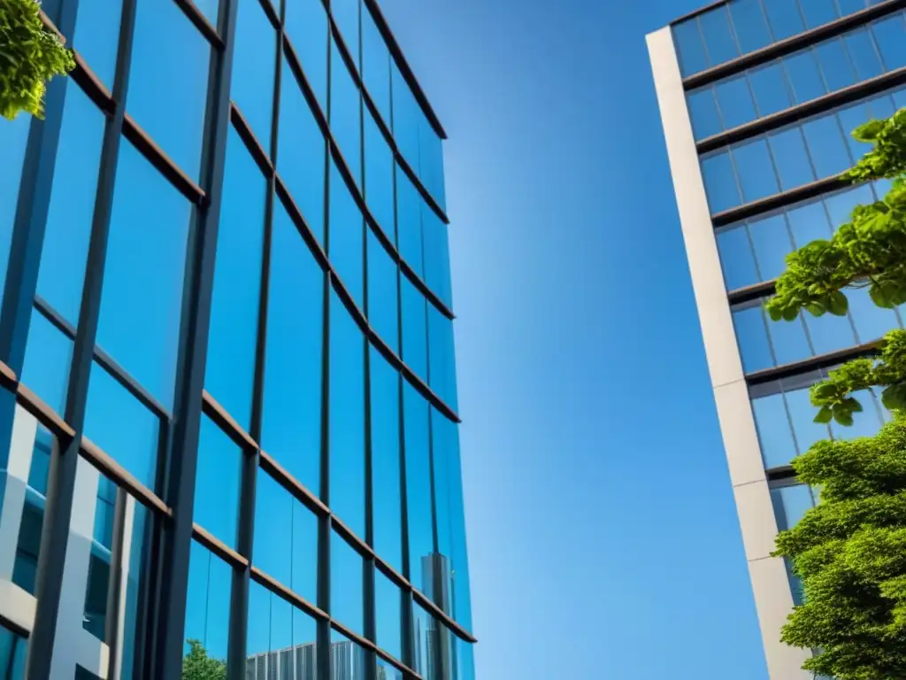 Edificio moderno: fachada de vidrio en 8k Edificio moderno con vidrios reflectantes, rodeado de naturaleza, ideal para auditorías gestión riesgos inmobiliarios