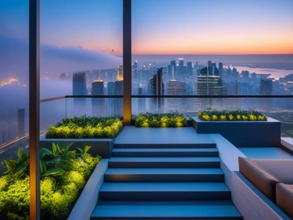 Edificio de lujo en ciudad vibrante al atardecer Edificio moderno con vista nocturna de la ciudad, iluminado, reflejando éxito en inversiones inmobiliarias