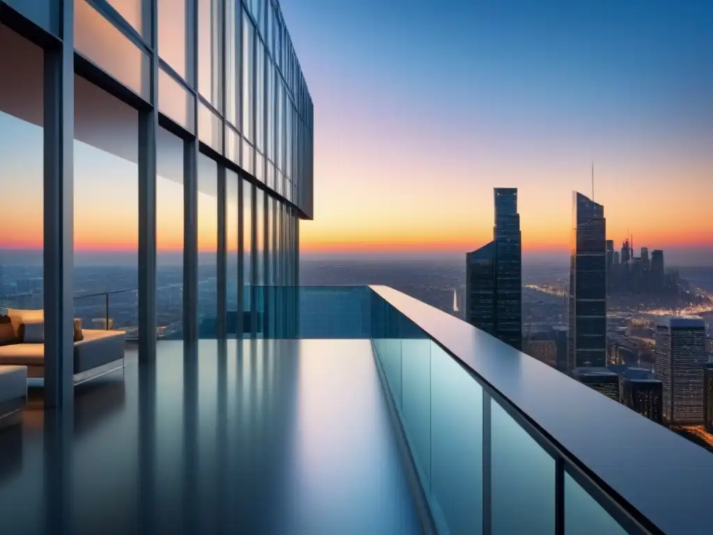 Oficina moderna con vista urbana al atardecer Edificio moderno con vista urbana al atardecer, reflejando éxito y sofisticación