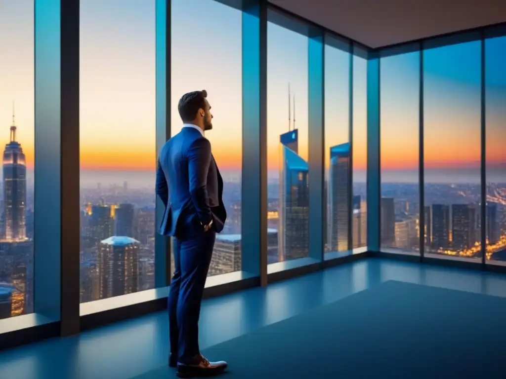 Edificio moderno con vistas a la ciudad al atardecer Edificio moderno con vista urbana al atardecer, iluminado en tonos dorados