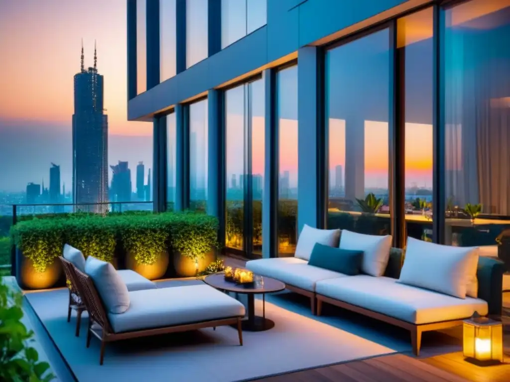 Edificio de lujo con vista urbana al atardecer y terraza en la azotea Edificio moderno con vistas a la ciudad al atardecer, rodeado de vegetación y terraza con mobiliario elegante