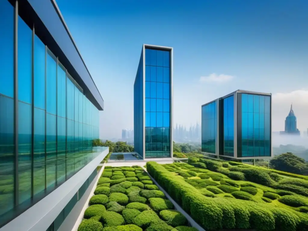 Edificio vanguardista: transparencia y modernidad en inversión inmobiliaria Edificio de oficinas futurista con paredes de cristal transparente, reflejando el cielo azul y rodeado de vegetación y una ciudad bulliciosa