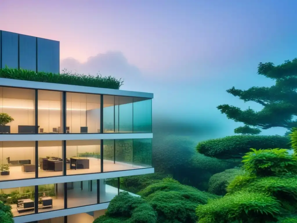 Edificio futurista en armonía: cumplimiento normativo inmobiliario Edificio de oficinas futurista reflejando un vibrante paisaje urbano al atardecer, en cumplimiento de normativas inmobiliarias