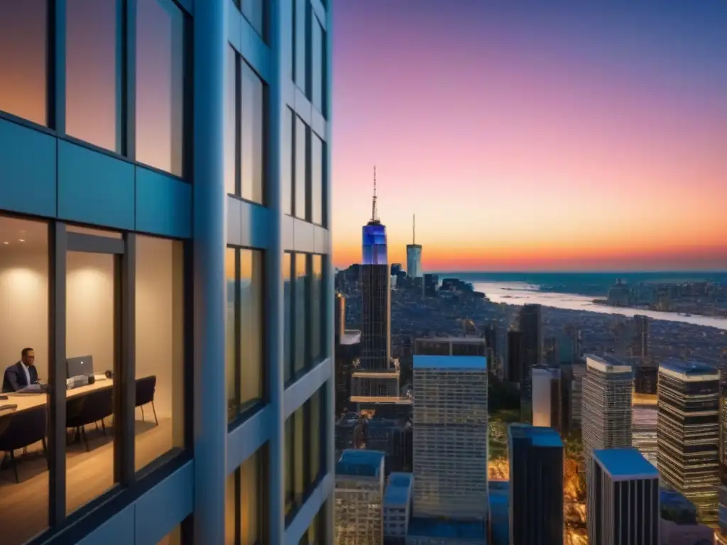 Edificio de oficinas moderno y lujoso con vista urbana al atardecer Un edificio de oficinas lujoso y moderno con ventanas de piso a techo reflejando una vibrante ciudad al anochecer