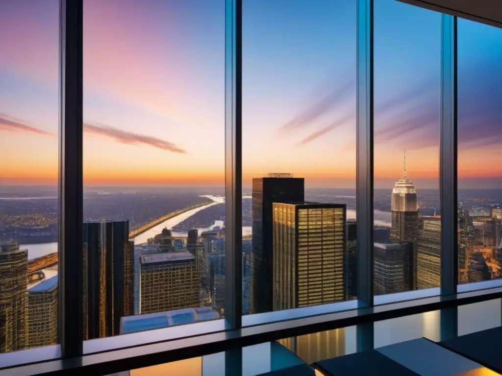 Edificio de oficinas moderno con vista a la ciudad al atardecer Un edificio de oficinas moderno reflejando el atardecer en la ciudad, mostrando un distrito financiero activo