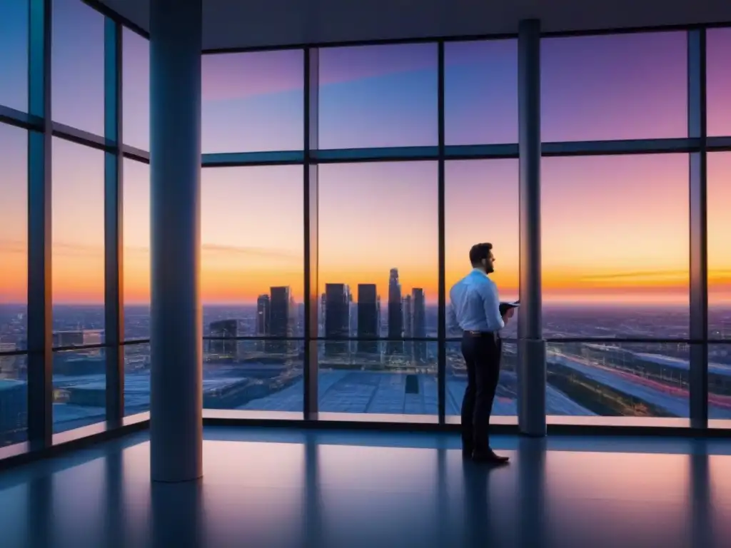Edificio de oficinas moderno al atardecer: innovación y sofisticación urbana Un edificio de oficinas moderno al atardecer, iluminado por cálida luz ambiental, refleja innovación y profesionalismo en la industria inmobiliaria