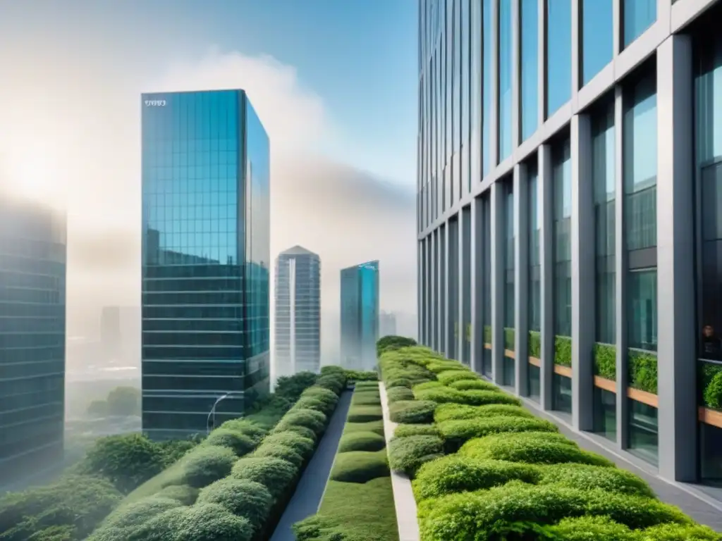 Edificio de oficinas moderno y elegante en entorno urbano y natural Un edificio de oficinas moderno de cristal rodeado de vegetación, con un paisaje urbano al fondo