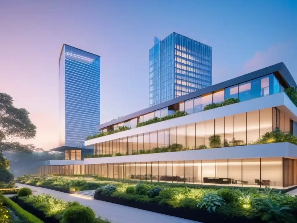 Edificio de oficinas moderno con diseño futurista y vegetación exuberante, reflejando la ciudad al atardecer