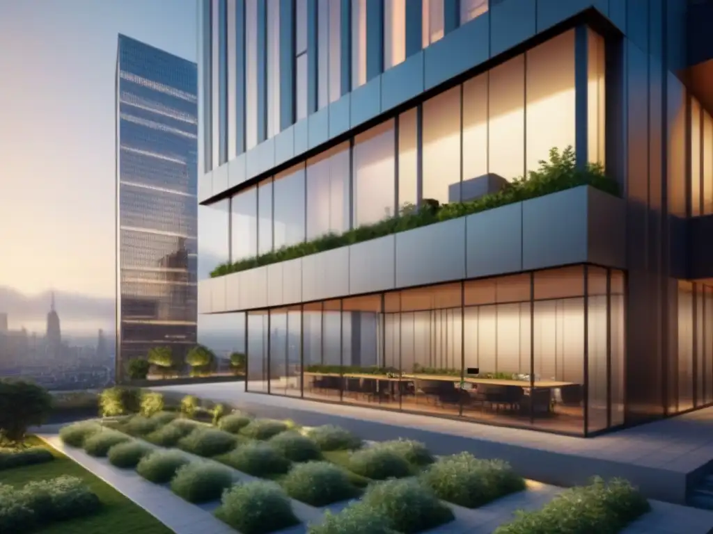 Edificio moderno con diseño vanguardista y vegetación en la fachada Un edificio de oficinas moderno con diseño innovador y vegetación, reflejando la ciudad al atardecer