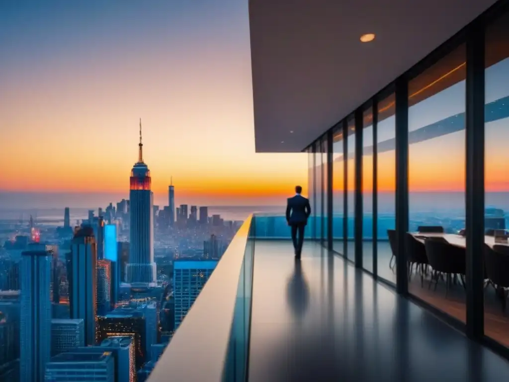 Edificio de oficinas moderno con vista de ciudad al atardecer Un edificio de oficinas moderno y elegante con cristaleras de piso a techo reflejando el horizonte urbano al atardecer