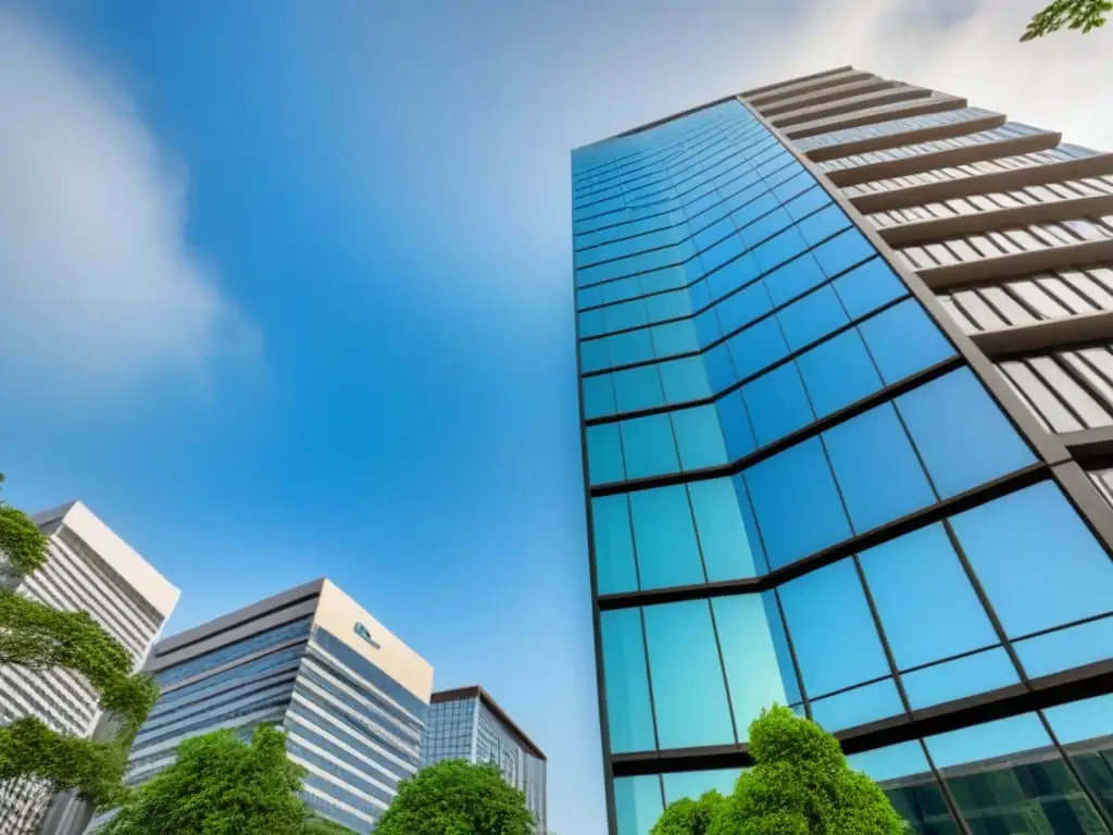 Oficina moderna y elegante en entorno urbano y natural Un edificio de oficinas moderno y elegante con vidrios de piso a techo que reflejan el cielo azul, rodeado de árboles verdes y un paisaje bien cuidado