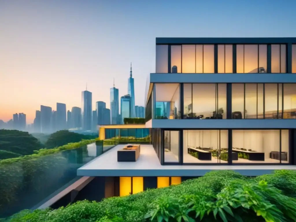 Edificio de oficinas moderno con vistas a la ciudad al atardecer Un edificio de oficinas moderno y elegante con ventanales de piso a techo que reflejan el horizonte de la ciudad al atardecer