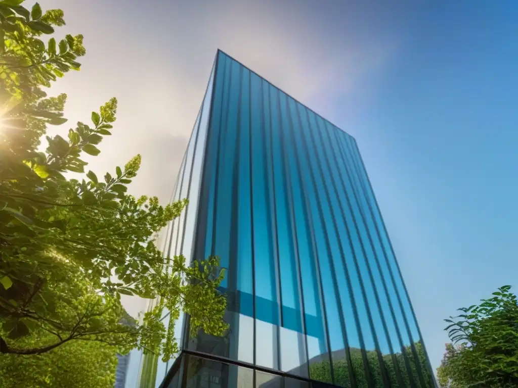 Edificio moderno en 8k: reflejos de luz y elegancia Un edificio de oficinas moderno y elegante, rodeado de naturaleza exuberante, refleja seguridad y prosperidad