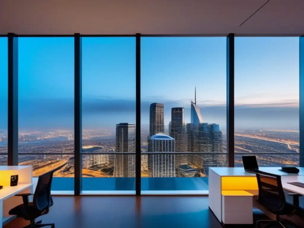 Edificio de oficinas moderno y vibrante en la ciudad al anochecer Un edificio de oficinas moderno y elegante con ventanas de cristal de piso a techo que reflejan el vibrante paisaje urbano al anochecer