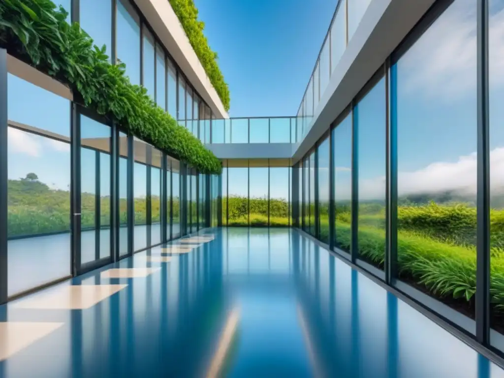 Edificio de oficinas moderno con transparencia y naturaleza Un edificio de oficinas moderno y elegante con ventanas de cristal de piso a techo reflejando el cielo azul claro, rodeado de vegetación exuberante y un pasillo de vidrio transparente que conduce a la entrada, simbolizando transparencia y apertura en transacciones inmobiliarias