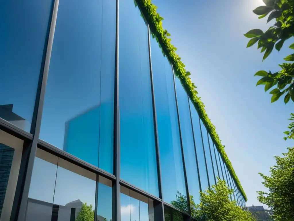 Edificio moderno: arquitectura vanguardista y éxito empresarial Un edificio de oficinas moderno con fachada de vidrio reflectante rodeado de árboles verdes, bajo un cielo azul claro