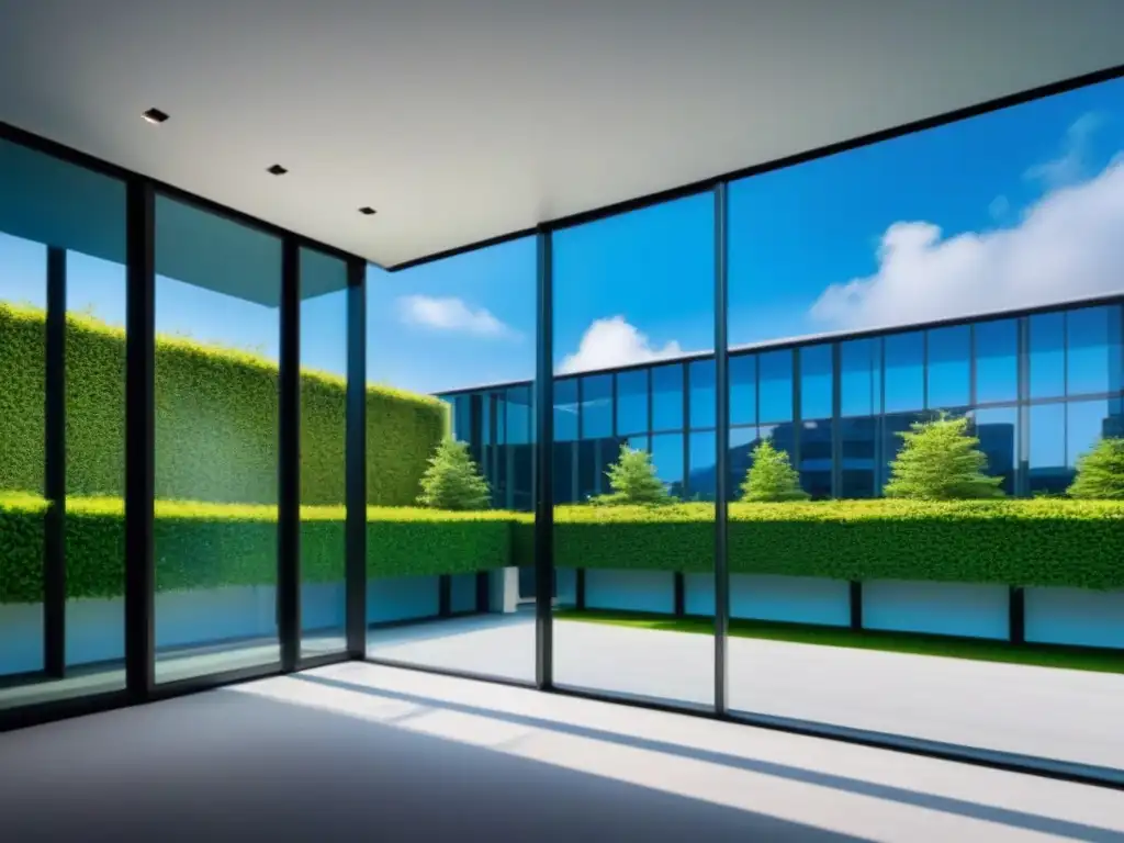 Edificio corporativo moderno rodeado de naturaleza exuberante Un edificio de oficinas moderno con grandes ventanales que reflejan un cielo azul