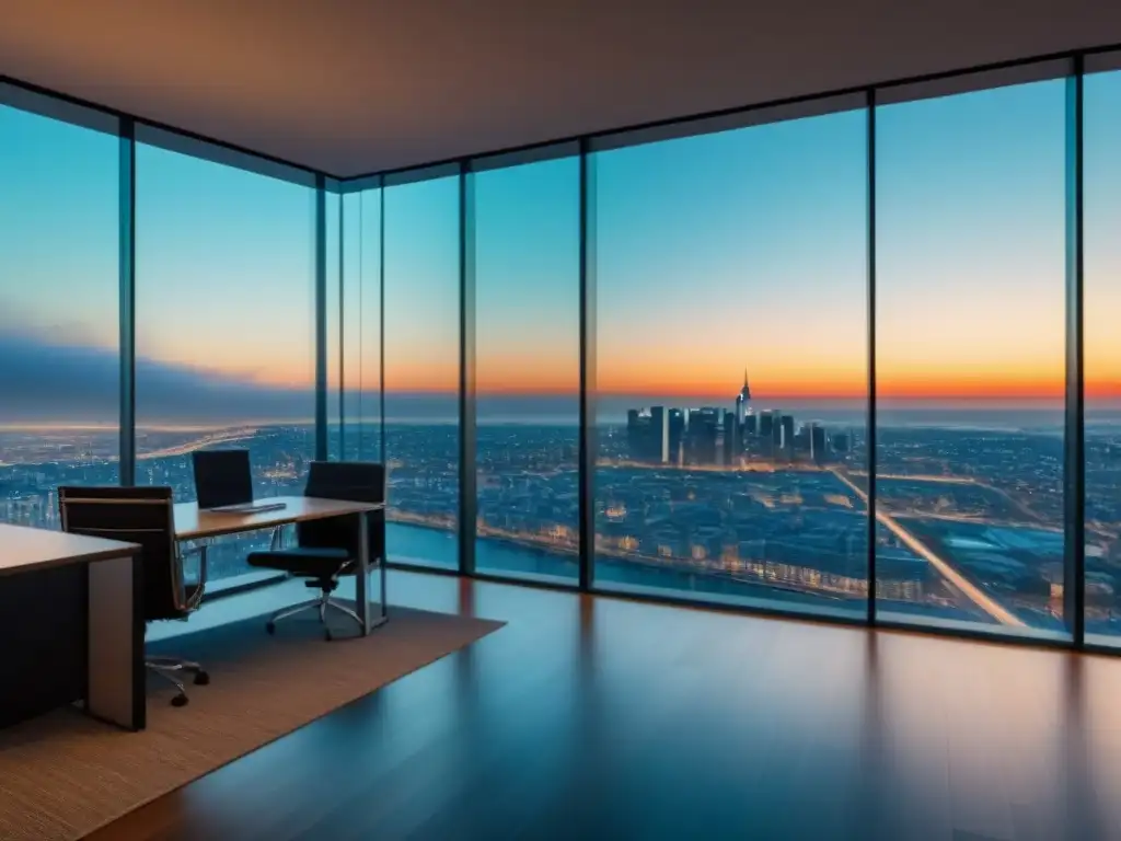 Edificio de oficinas moderno y lujoso reflejando la ciudad Un edificio de oficinas moderno y lujoso con ventanales de piso a techo reflejando un vibrante paisaje urbano, mostrando la intersección entre el desarrollo urbano y la prosperidad financiera en la industria inmobiliaria