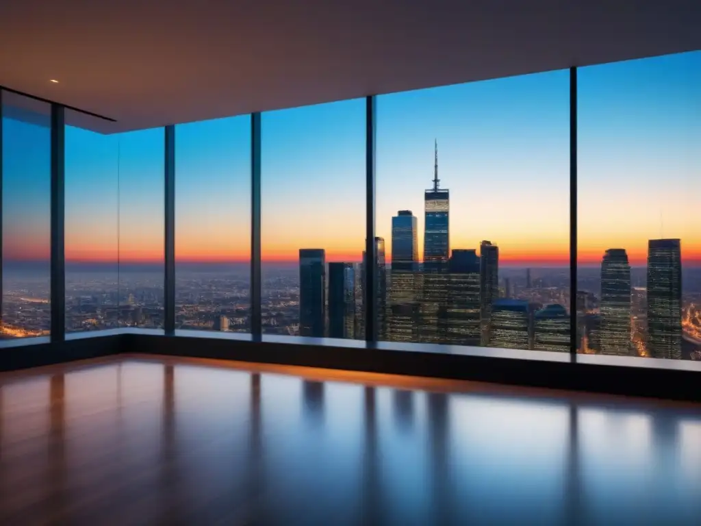 Edificio de oficinas moderno y lujoso con ventanas de piso a techo reflejando la ciudad al atardecer, ideal para inversiones inmobiliarias Un edificio de oficinas moderno y lujoso con ventanas de cristal de piso a techo reflejando un vibrante paisaje urbano al atardecer, simbolizando estabilidad y crecimiento en inversiones inmobiliarias