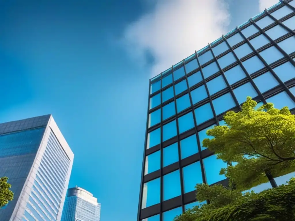 Edificio moderno de oficinas en entorno urbano: elegancia y naturaleza Un edificio de oficinas moderno y lujoso rodeado de rascacielos, reflejando un cielo azul y vegetación