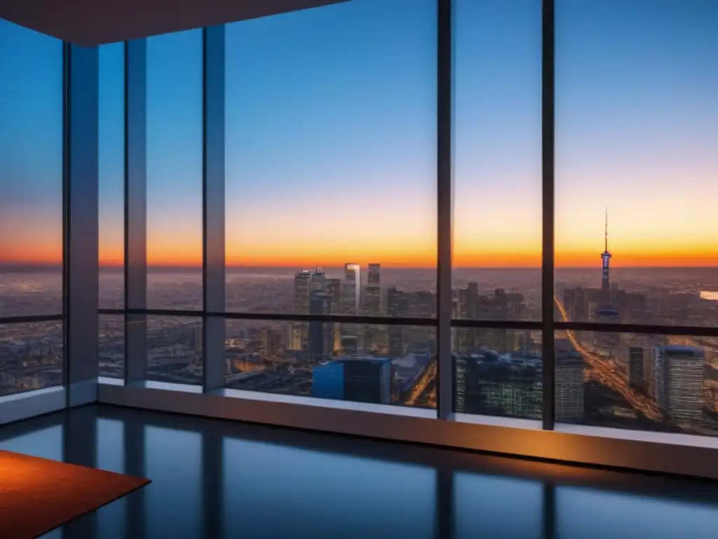 Edificio de oficinas moderno y lujoso con vistas a la ciudad al atardecer Edificio de oficinas moderno y lujoso con vistas a la ciudad al atardecer, simbolizando éxito y seguridad financiera en estrategias de blindaje inversiones inmobiliarias