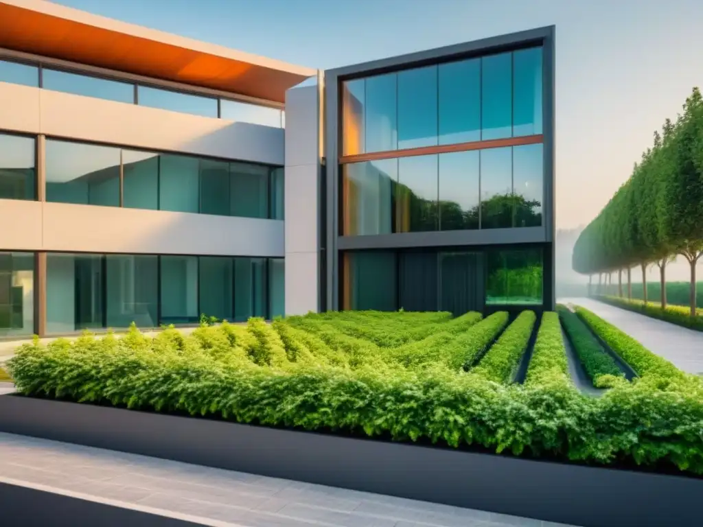 Edificio eco-sostenible: arquitectura moderna rodeada de naturaleza Un edificio de oficinas moderno y lujoso rodeado de vegetación exuberante y paneles solares brillando bajo el sol