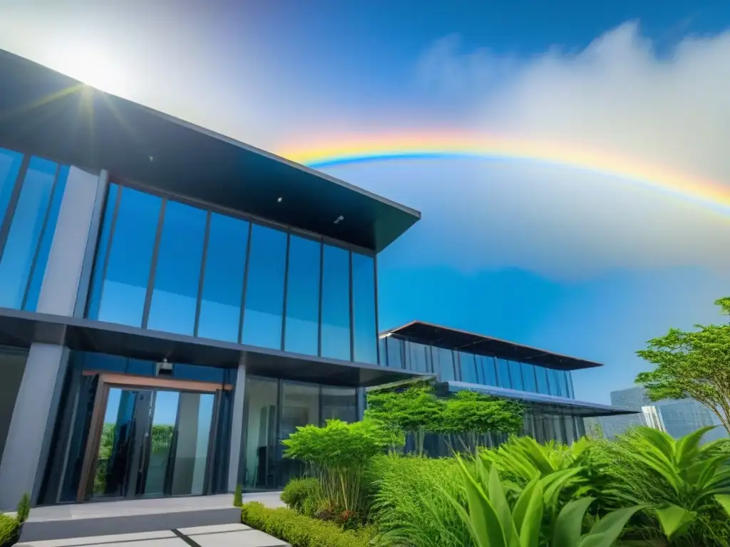 Edificio de oficinas sostenible con certificación LEED, rodeado de naturaleza y profesionales en reunión Un edificio de oficinas moderno y lujoso con la Certificación LEED valor proyectos inmobiliarios, rodeado de vegetación y paneles solares, bajo un cielo azul brillante