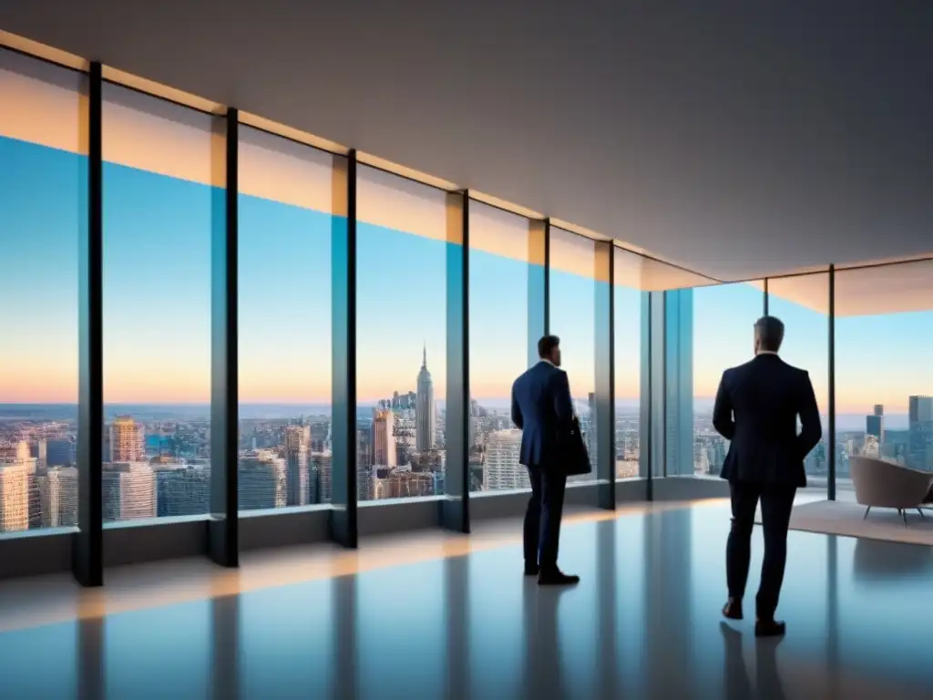Edificio de oficinas de lujo: reflejo de éxito en REITs comerciales Un edificio de oficinas moderno y lujoso con ventanales de piso a techo reflejando el vibrante horizonte de la ciudad, simbolizando el sólido rendimiento y sofisticación de las inversiones REITs en el sector inmobiliario comercial