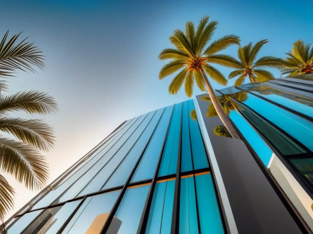 Edificio de oficinas moderno y lujoso en la ciudad Un edificio de oficinas moderno y lujoso, con una fachada de vidrio y un vibrante paisaje urbano reflejado