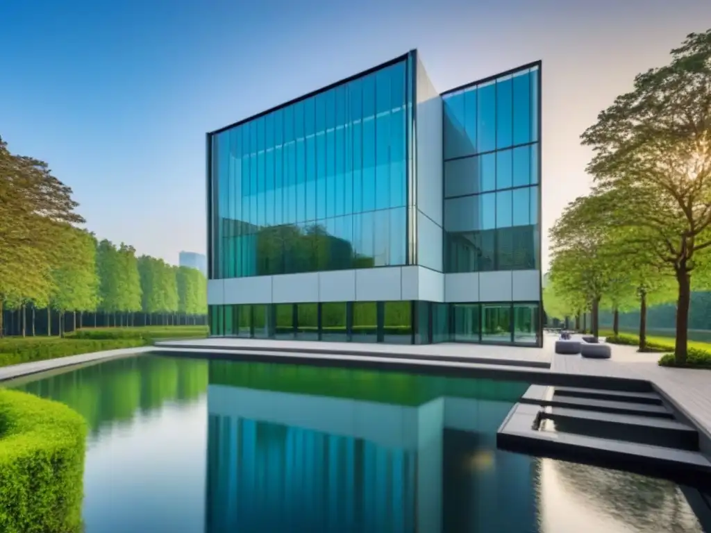 Edificio de oficinas moderno y lujoso en entorno natural Un edificio de oficinas moderno y lujoso con ventanas de cristal de piso a techo, rodeado de árboles verdes y un estanque tranquilo en primer plano