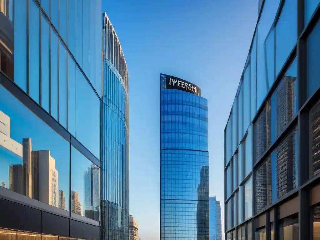 Edificio moderno de oficinas: símbolo de progreso y sofisticación Un edificio de oficinas moderno y lujoso con ventanales de piso a techo que reflejan el paisaje urbano, destacando su diseño arquitectónico elegante y técnicas de construcción innovadoras